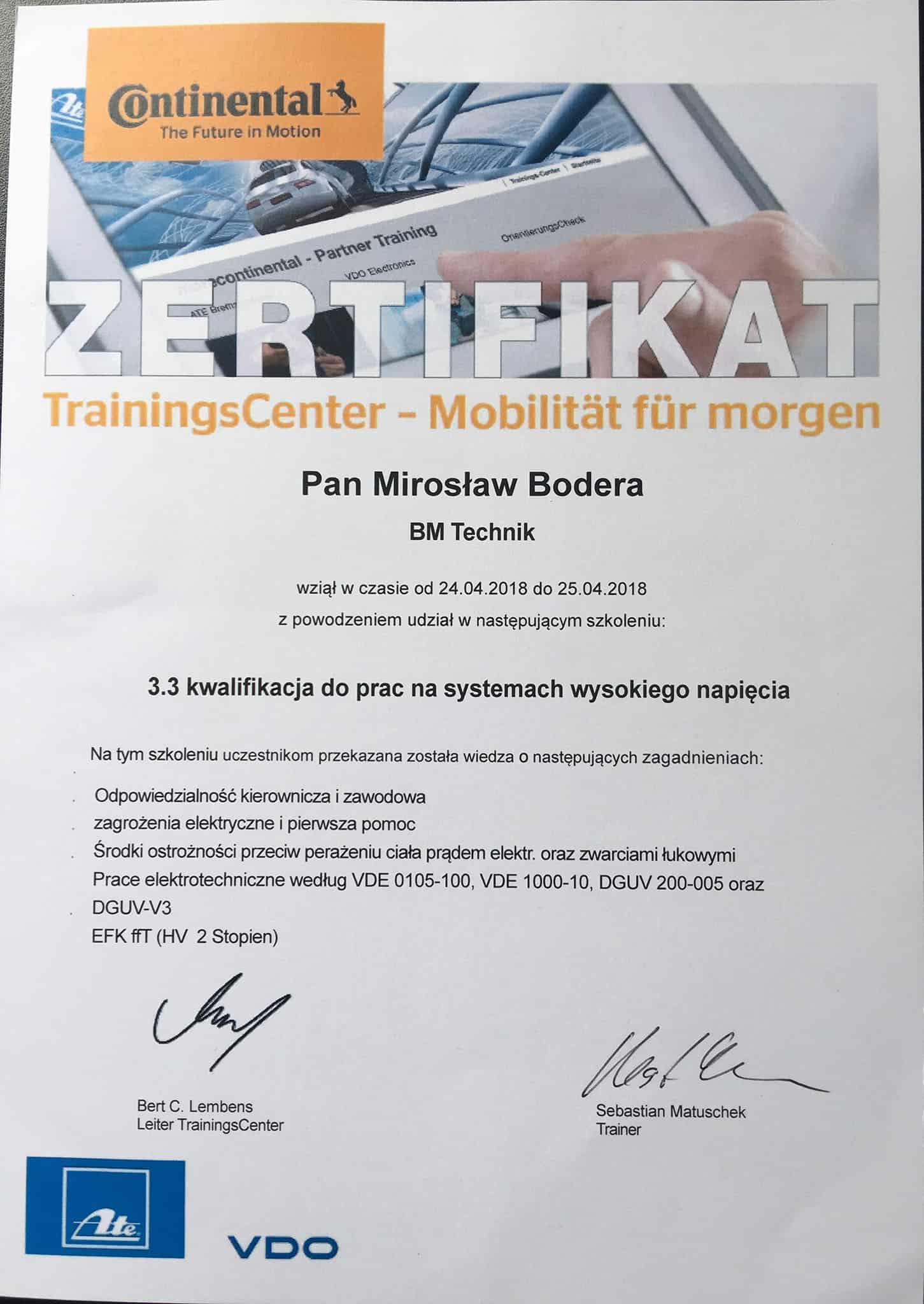 certyfikat wysokich napięć bm cars